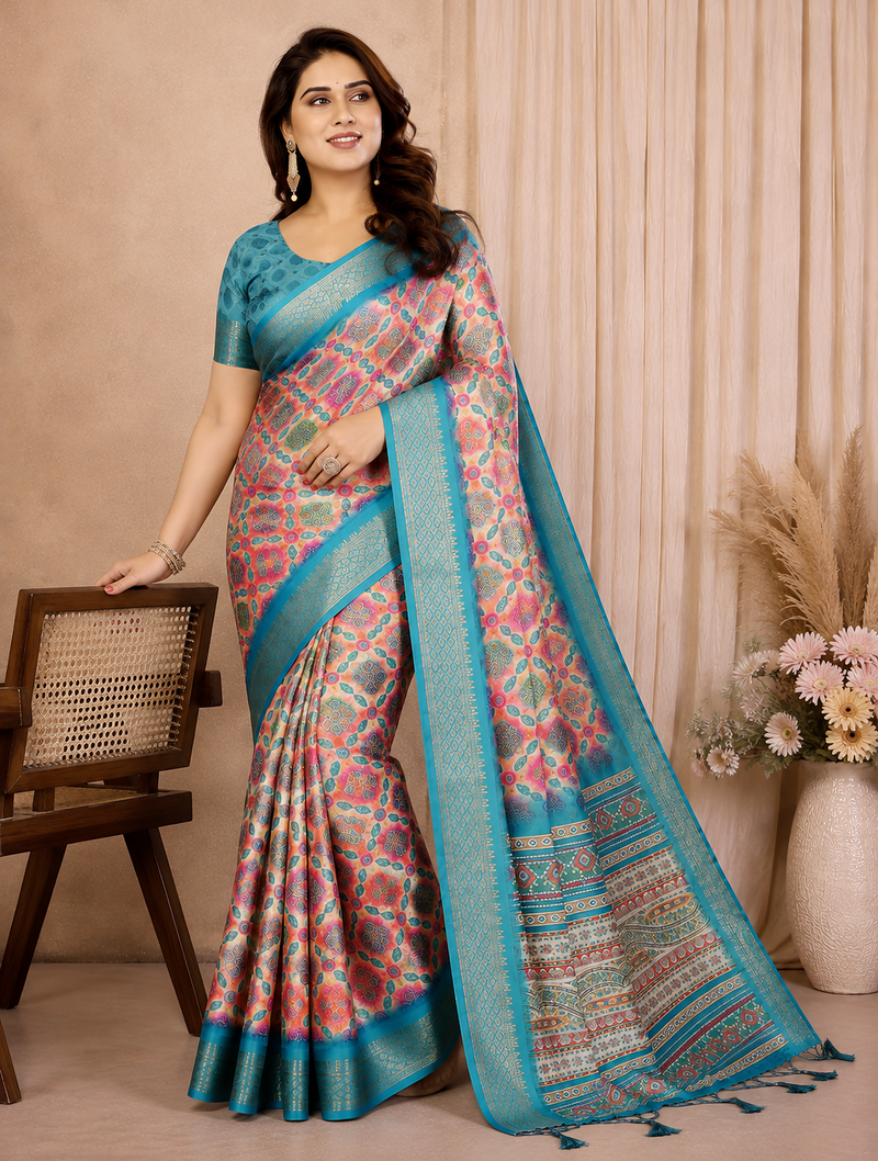 blue printed work cotton blend saree