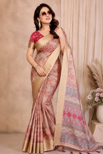 cream printed work cotton blend saree
