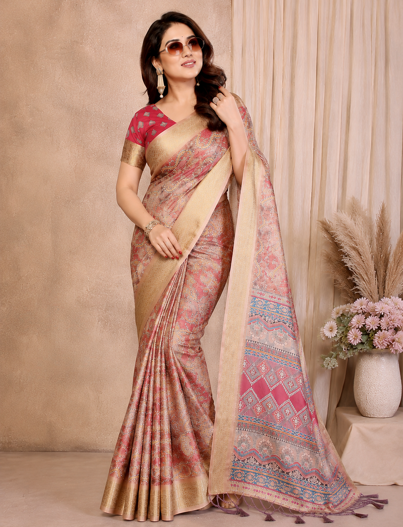 cream printed work cotton blend saree
