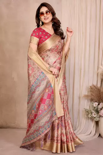 cream printed work cotton blend saree