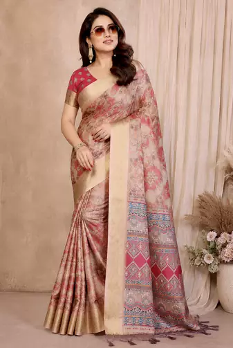 cream printed work cotton blend saree