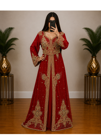 Maroon Gold Embroidered Moroccan Kaftan Gown with Belt 1