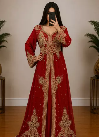 Maroon Gold Embroidered Moroccan Kaftan Gown with Belt
