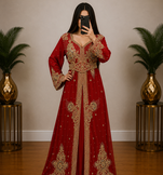 Maroon Gold Embroidered Moroccan Kaftan Gown with Belt