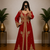 Maroon Gold Embroidered Moroccan Kaftan Gown with Belt
