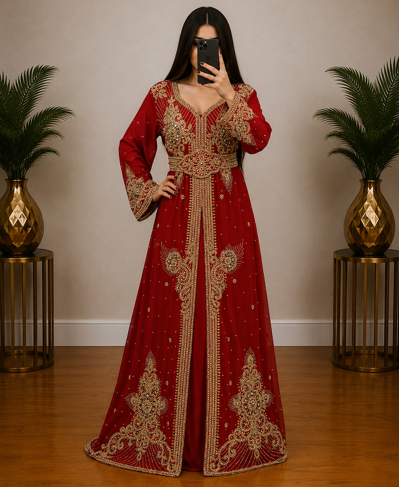 Maroon Gold Embroidered Moroccan Kaftan Gown with Belt
