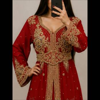 Maroon Gold Embroidered Moroccan Kaftan Gown with Belt 2