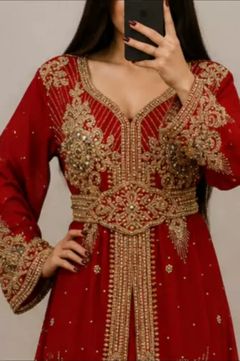 Maroon Gold Embroidered Moroccan Kaftan Gown with Belt