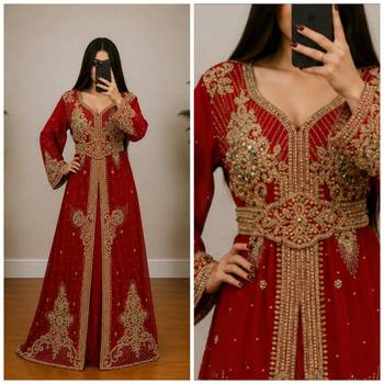 Maroon Gold Embroidered Moroccan Kaftan Gown with Belt 3