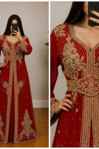 Maroon Gold Embroidered Moroccan Kaftan Gown with Belt