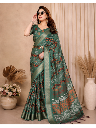 green printed work cotton blend saree 1