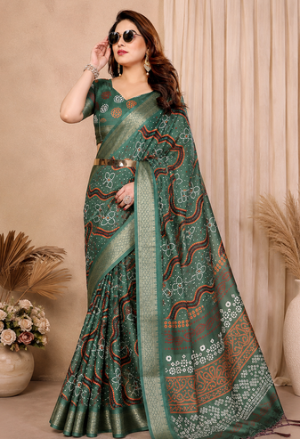 green printed work cotton blend saree