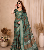 green printed work cotton blend saree