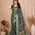 green printed work cotton blend saree