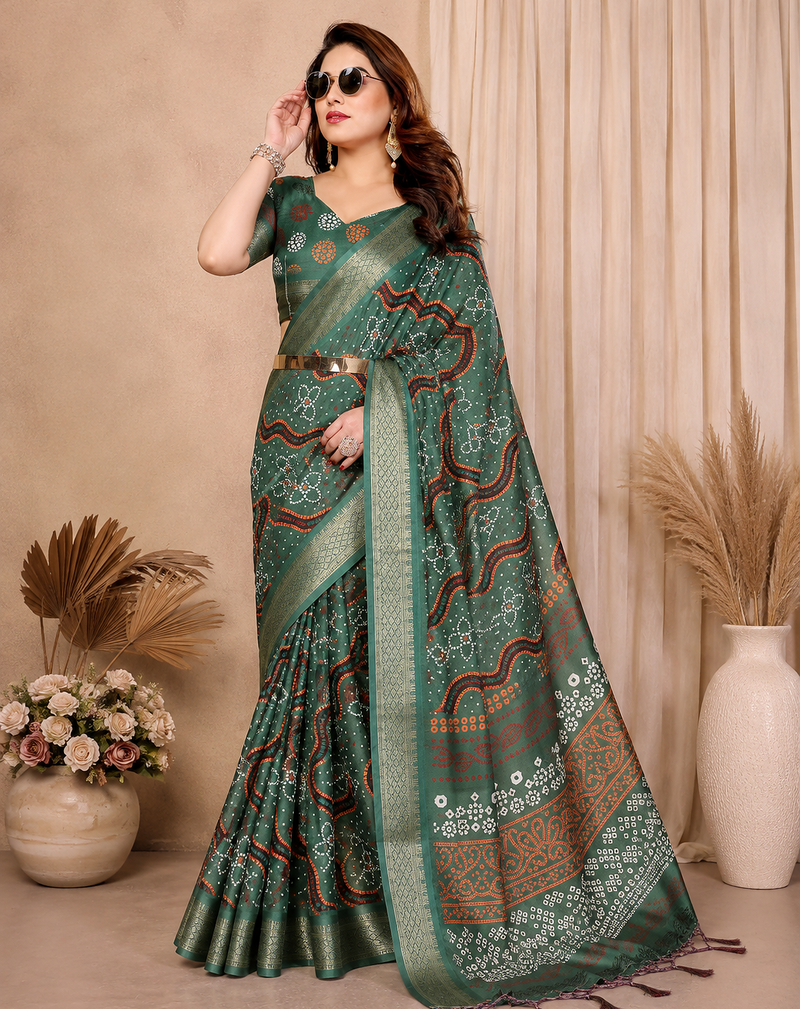 green printed work cotton blend saree