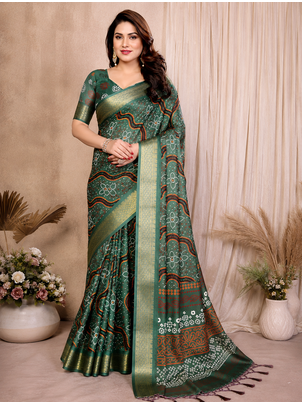 green printed work cotton blend saree 2