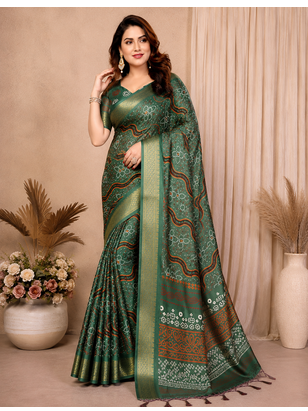 green printed work cotton blend saree 3