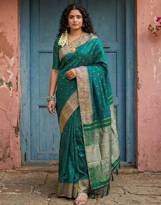 dark green silk blend saree with blouse 1
