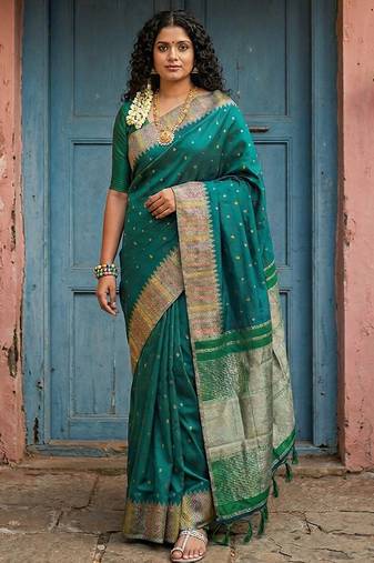 dark green silk blend saree with blouse