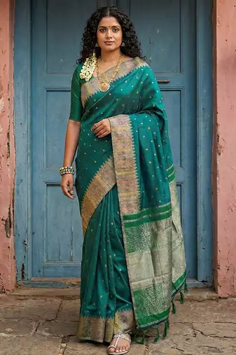 dark green silk blend saree with blouse