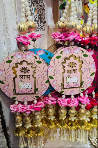handmade floral beads shubh labh mdf decorativetraditional flower hanging decoration (set of 1)