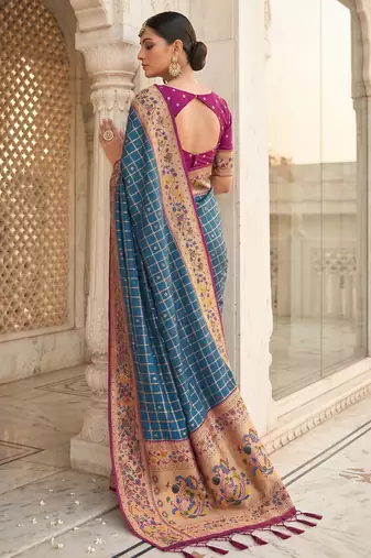 navy blue banarasi silk blend saree with blouse