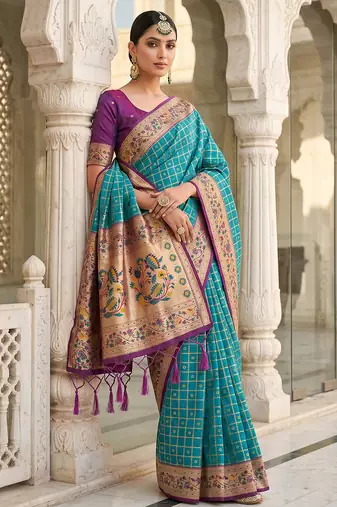 blue banarasi silk blend saree with blouse
