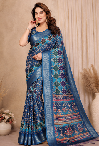 neavy blue printed work cotton blend saree