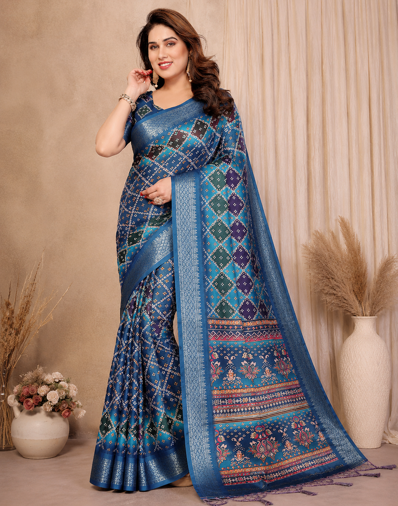 neavy blue printed work cotton blend saree