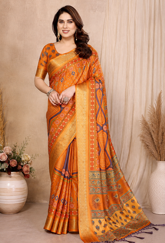 orange printed work cotton blend saree