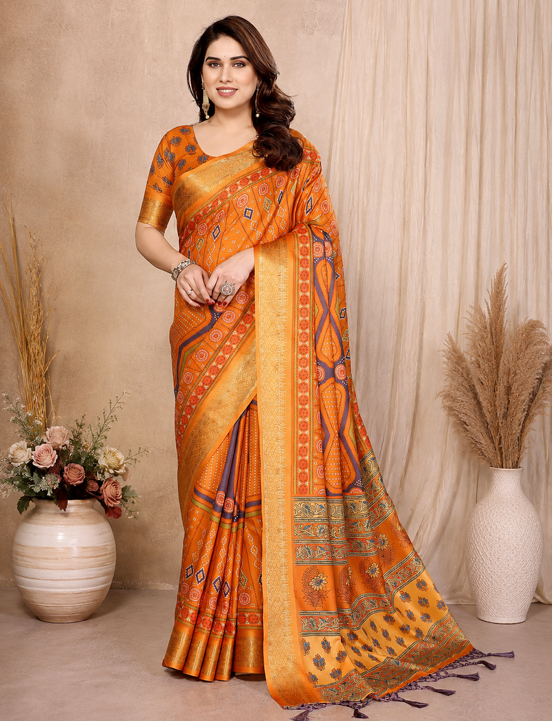 orange printed work cotton blend saree