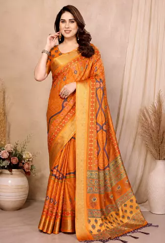 orange printed work cotton blend saree