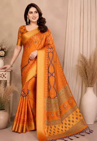 orange printed work cotton blend saree