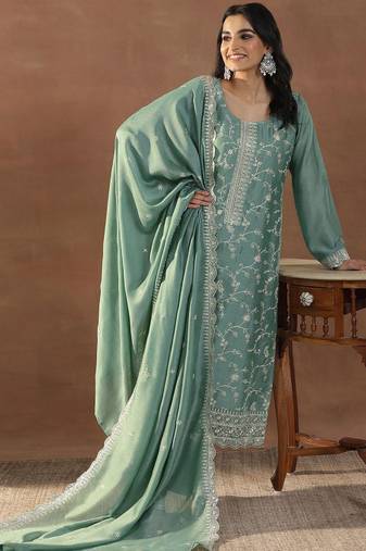 Women's sea green silk blend straight kurta set with dupatta and pant