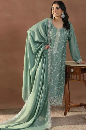 Women's sea green silk blend straight kurta set with dupatta and pant