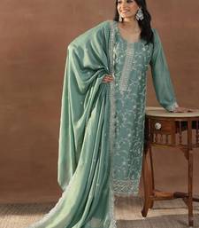 Women's sea green silk blend straight kurta set with dupatta and pant