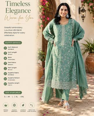 Women's sea green silk blend straight kurta set with dupatta and pant 2