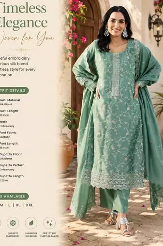 Women's sea green silk blend straight kurta set with dupatta and pant