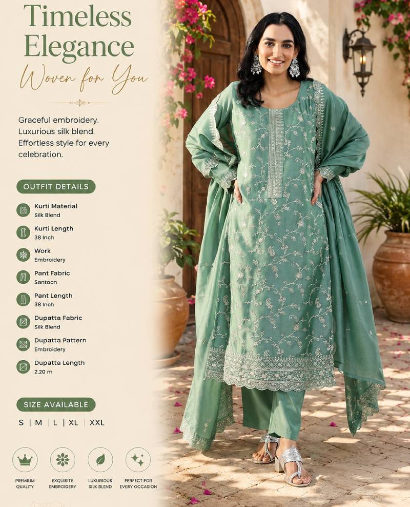 Women's sea green silk blend straight kurta set with dupatta and pant