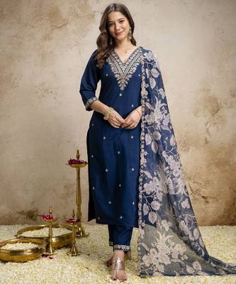 Women's dark blue silk blend straight kurta set with dupatta and pant 1