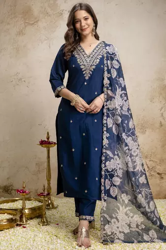 Women's dark blue silk blend straight kurta set with dupatta and pant