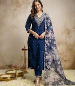 Women's dark blue silk blend straight kurta set with dupatta and pant