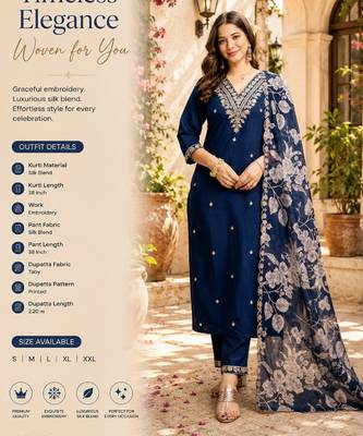 Women's dark blue silk blend straight kurta set with dupatta and pant 2