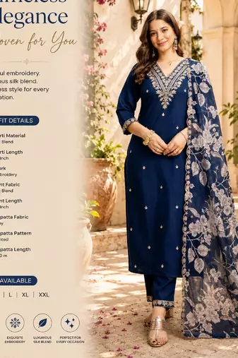 Women's dark blue silk blend straight kurta set with dupatta and pant