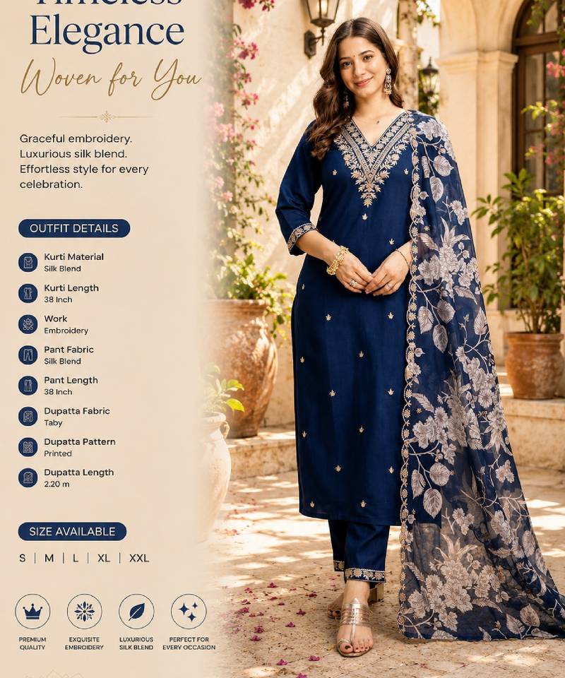 Women's dark blue silk blend straight kurta set with dupatta and pant