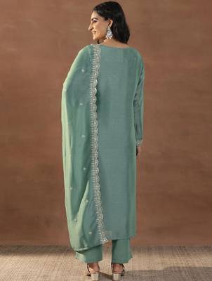 Women's sea green silk blend straight kurta set with dupatta and pant 3