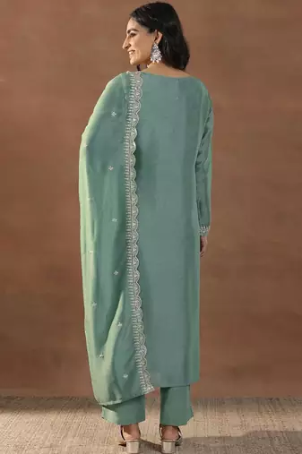 Women's sea green silk blend straight kurta set with dupatta and pant
