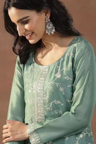 Women's sea green silk blend straight kurta set with dupatta and pant