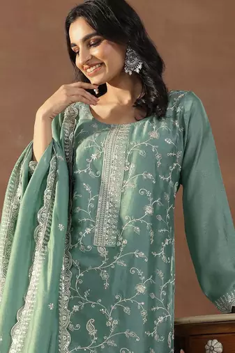 Women's sea green silk blend straight kurta set with dupatta and pant