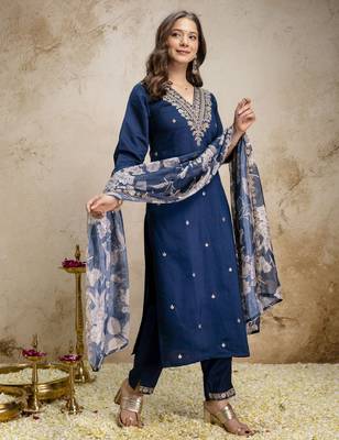 Women's dark blue silk blend straight kurta set with dupatta and pant 4